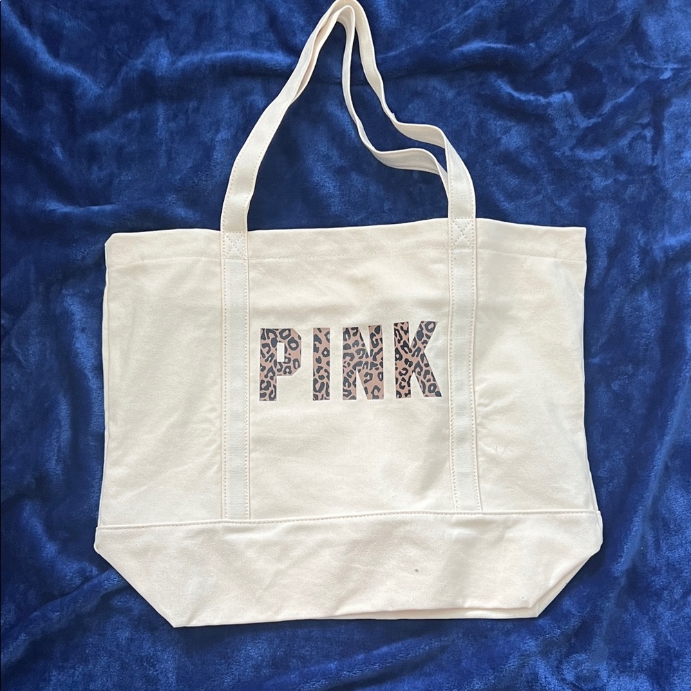PINK Victoria's Secret White Canvas Tote with Leopard Logo